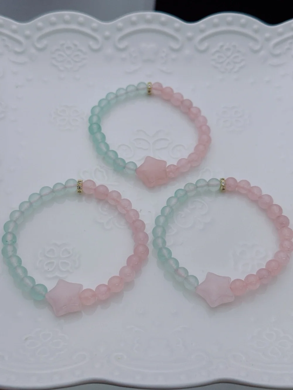 Handmade 7mm Rose Quartz Star Agate Stretchable Bracelet GB92 7”